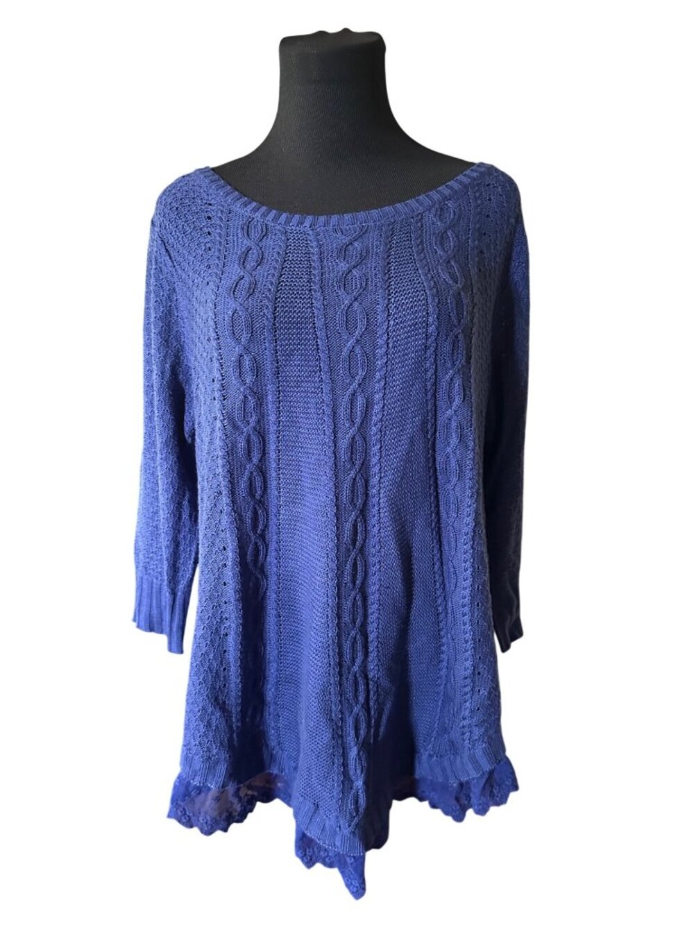 New Direction blue cable knit sweater with lace hem size XL